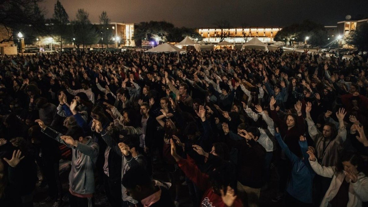 Baylor University students fill Fountain Mall for FM72, 72 hours of continuous prayer with nightly worship.